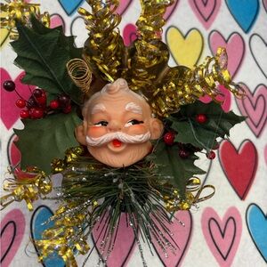 Vintage celluloid Santa face Holiday Ornament in a tart tin with Gold Accents